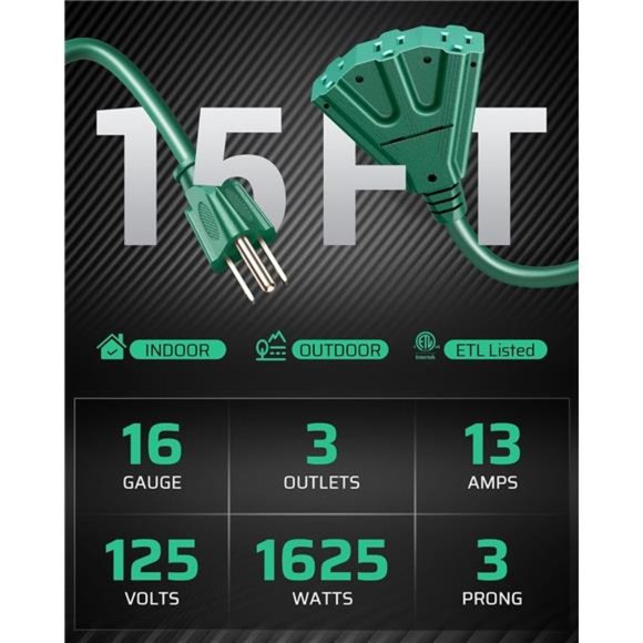 15 FT Outdoor Extension Cord for Christmas, Weatherproof 16/3 SJTW Power Cable - Picture 2 of 7